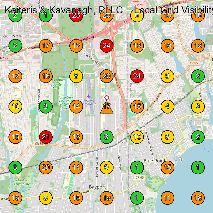 Kaiteris & Kavanagh, PLLC Personal Injury Attorney GeoGrid ranking map for Bayport NY